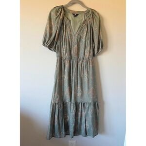 Frye Women Sage Green Damask Floral Puff Sleeve Tiered Midi Dress Size M